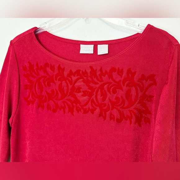 Chico's Travelers Red Tunic Top w/velvet embroidery 3/4 sleeves size - 1 - Picture 3 of 8